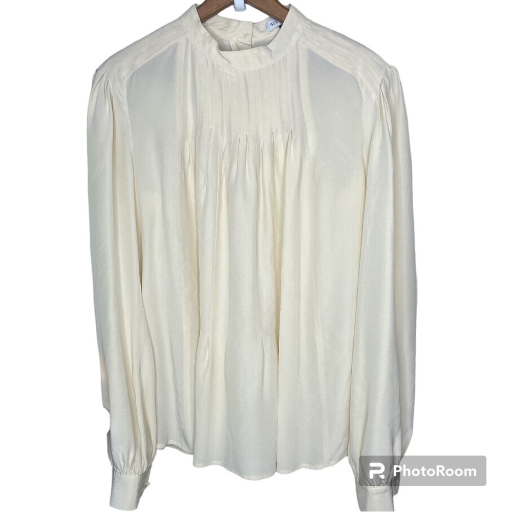 SEE BY CHLOE Ivory Silk Pleated Long Sleeve Back Zipper Blouse Size 2